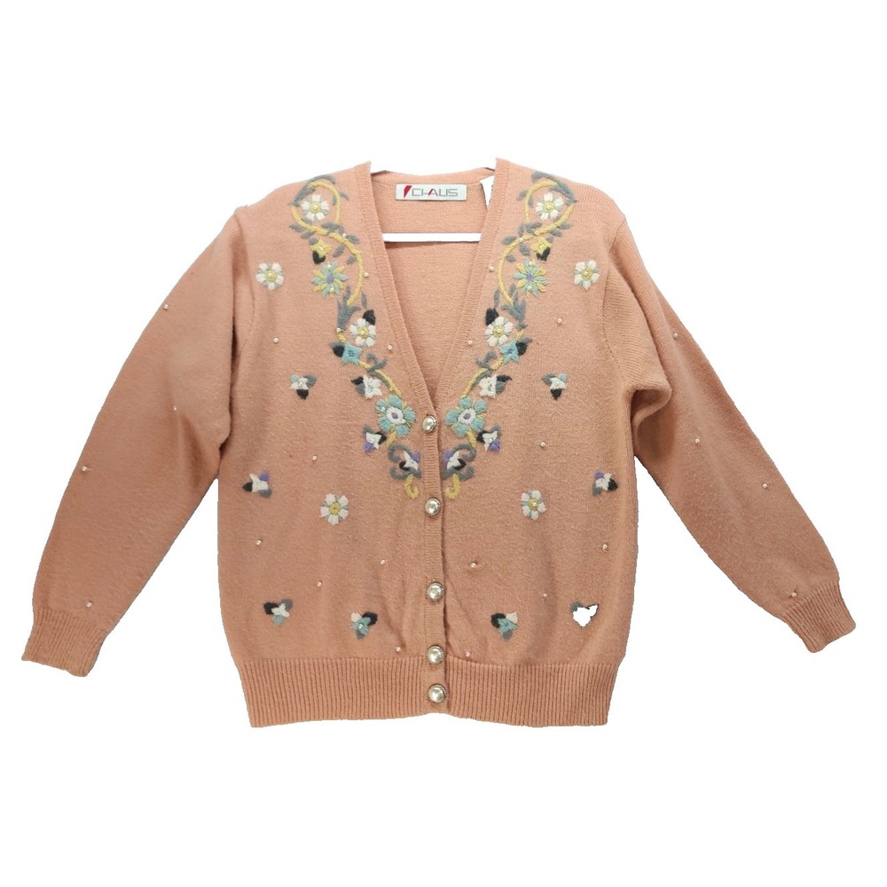 80s Vtg Chaus Beaded Sweater Embroidered Pearls Small Cottagecore Grannycore‎
